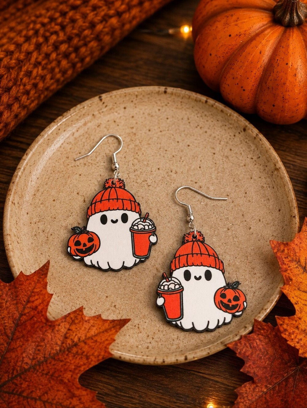 Cozy Ghost Pumpkin Latte Earrings Halloween Fall‎ Dangle Cute Spooky